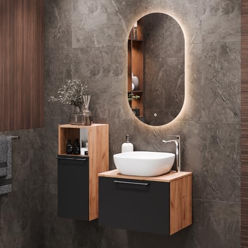 Badezimmer-Set mit Waschtisch 60 cm und Midischrank Gold Eiche Anthrazit, moderner Einrichtung für das Badezimmer