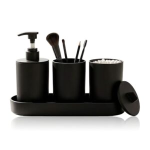 Badezimmer Organizer Set mit Seifenspender, Zahnputzbecher und Vorratsdose in schwarzem Matt-Lack, modernes Badezimmer Zubehör für Waschbecken und Bad