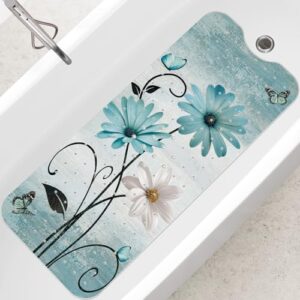 SHUCHING Badewannenmatte, rutschfeste Duschmatte für Badezimmer, 100 x 40 cm groß, blau und grün mit gelben Blüten