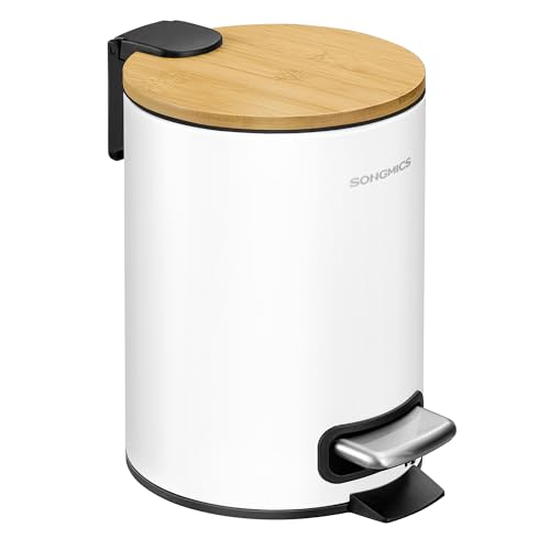 Kosmetikeimer für Badezimmer, Mülleimer mit Deckel aus Bambus und Metallpedal, Inneneimer herausnehmbar, Softclose, 3 Liter Fassungsvermögen, wolkenweißes Design