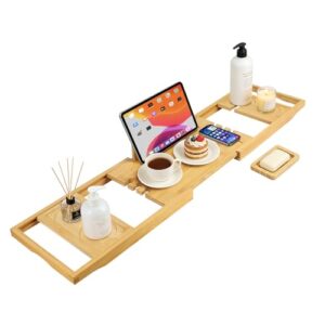 Bamboo Badewannenablage für 70-91 cm breite Badewannen, verstellbares Badewannenbrett mit Getränkehalter und Naturholzfarbe