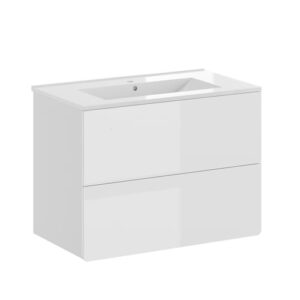 Vicco Badmöbel-Set Izan in Weiß Hochglanz, 2 Teile, moderner und minimalistischer Design für das Badezimmer, pflegeleichte Spanplatte, keramik gefertigtes Waschbecken