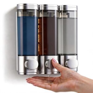 Wandmontierter 3 Kammer Seifenspender, Jicyor Seifenspender Wandbefestigung manuell 300ml Bohrungsfrei ABS Silber für Duschgel Shampoo Handseife Badezimmer Hotel