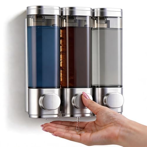 Wandmontierter 3 Kammer Seifenspender, Jicyor Seifenspender Wandbefestigung manuell 300ml Bohrungsfrei ABS Silber für Duschgel Shampoo Handseife Badezimmer Hotel