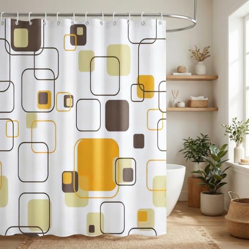 Badezimmer-Vorhang mit warmen orangefarbenen geometrischen Mustern, halbtransparent und wasserabweisend