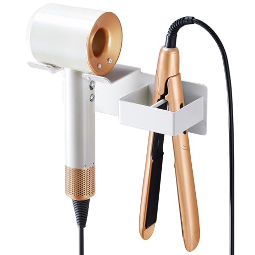 Föhnhalter Wand Ohne Bohren für Haartrockner und Glätteisen, Selbstklebend, Metall, weiß