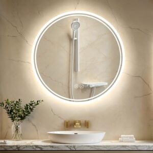 Badezimmerspiegel mit Beleuchtung, runder Badspiegel mit integrierter Antibeschlag-Funktion und Touch-Schalter für 3 Lichtfarben und dimmbare Helligkeit