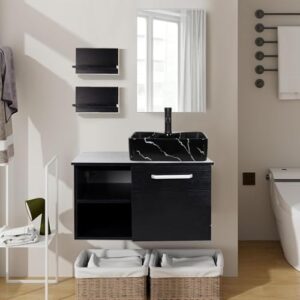 Vollständiges Badmöbel-Set mit Waschbecken, Unterschrank, Spiegel und Wandregal in modernem Design-Stil mit Marmoroptik-Look