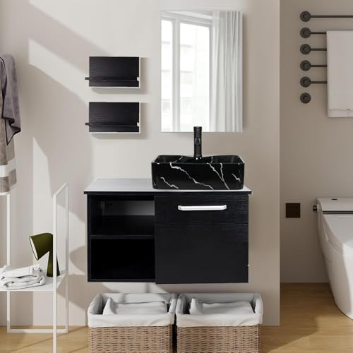 Vollständiges Badmöbel-Set mit Waschbecken, Unterschrank, Spiegel und Wandregal in modernem Design-Stil mit Marmoroptik-Look