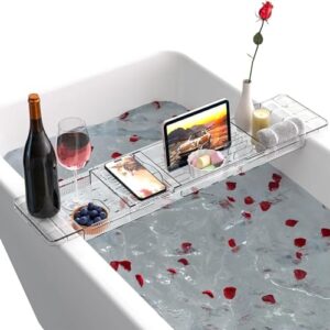 Badewannenablage mit Anti-Rutsch Design, verstellbar von 51-81 cm, transparent, iPad-Halterung, Ablage für Bücher und Telefon in der Badewanne