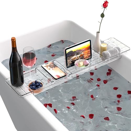 Badewannenablage mit Anti-Rutsch Design, verstellbar von 51-81 cm, transparent, iPad-Halterung, Ablage für Bücher und Telefon in der Badewanne