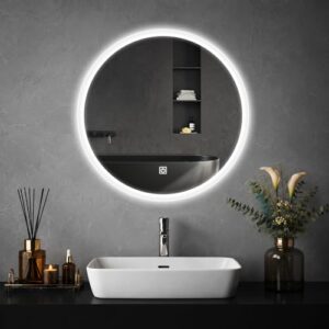 Badezimmerspiegel mit Beleuchtung, LED Spiegel Rund 50cm, Dimmbar, 3 Lichtfarben, Touch-Schalter, Badezimmer Spiegel mit Licht, Wandspiegel mit Licht