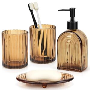 Badezimmer Set mit 400ml Seifenspender, 2 Zahnputzbechern und Seifenschale für modernes Badezimmer, hochwertiger Braunglas, nachfüllbarer Seifenspender