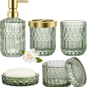 Badezimmer-Set aus Glas mit Seifenspender, Zahnbürstenhalter und anderen accessoires für ein stilvolles Badezimmer