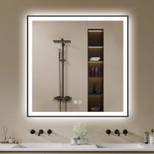 Badspiegel mit LED-Beleuchtung 80x80cm, Badezimmerspiegel mit Beleuchtung, Beschlagfrei, Dimmbar, 3 Lichtfarben, Wandspiegel Led-Spiegel-Bad Metallrahmen Horizontal/Vertikal