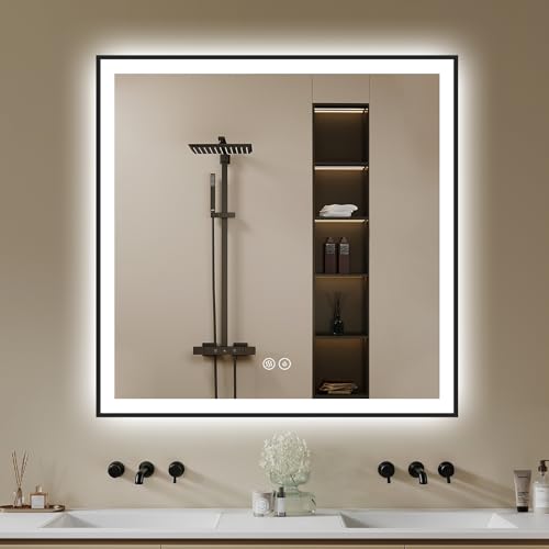 Badspiegel mit LED-Beleuchtung 80x80cm, Badezimmerspiegel mit Beleuchtung, Beschlagfrei, Dimmbar, 3 Lichtfarben, Wandspiegel Led-Spiegel-Bad Metallrahmen Horizontal/Vertikal