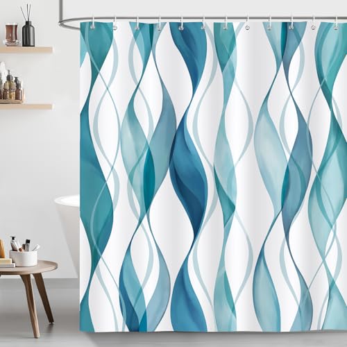 Moderner Duschvorhang in Blau und Grün, gestreiftes Design, 180 x 200 cm, anti-Schimmel, wasserdicht, Polyester-Stoff, waschbar, Bad-Vorhänge für Badzimmer mit 12 Haken