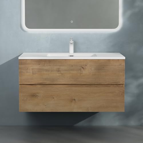 Badmöbel-Set mit Waschbecken und Unterschrank in Kerneiche für Badezimmer, 80x48x50 cm, Mineralguss-Waschbecken inklusive
