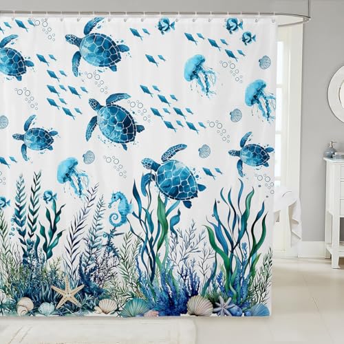 Bild von einem Duschvorhang mit Meeresschildkröten und Seepferden in blauer und weißer Farbe, perfekt für das Badezimmer als dekoratives Element für eine wundervolle Duscherfahrung