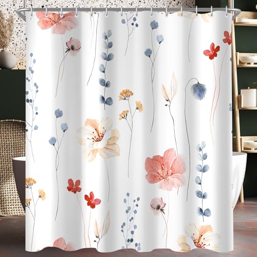 Duschvorhang 180x180 cm Koralle Blume, Beschwerter Saum Antischimmel, Wasserabweisend, Waschbar Polyester Badevorhänge mit 12 Ösen und Duschvorhangringe für Badezimmer, Badewanne