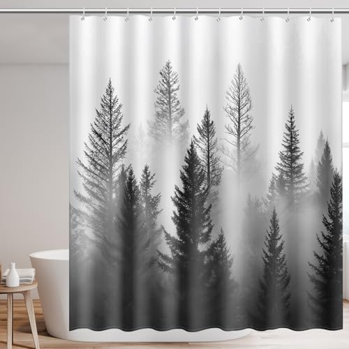 Nebliger Duschvorhang mit Kiefernwald-Natur, schwarz-weiße Bäume, Nebel-Badewannenvorhang für Badezimmer-Dekor, wasserdicht, waschbar, Stoff, minimalistisch, Wald