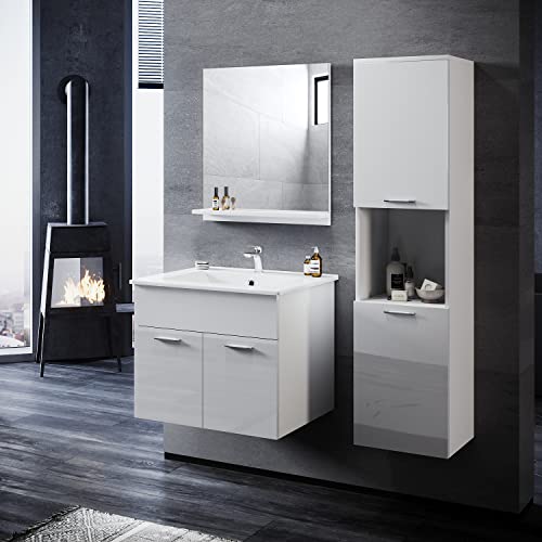 Modernes Badmöbel-Sets für kleine Bäder, Waschbecken mit Unterschrank und Spiegel in Hochglanz weiß