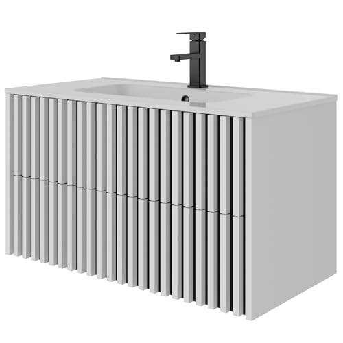 Modernes Badezimmer mit Weißem Waschtisch, Unterschrank und Keramik-Waschbecken für Gäste WC und Badmöbel Set