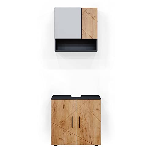 Vicco Badmöbel-Set Irma, Goldkraft Eiche/Anthrazit, 80 cm - Badezimmer-Set mit Waschbeckenunterschrank und Spiegelschrank aus Spanplatten mit Melaminharzbeschichtung
