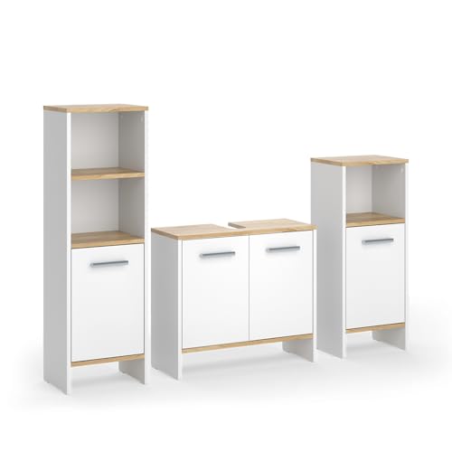 Vicco Badmöbel-Set Karli, Weiß/Goldkraft Eiche, 131.4 cm - Badezimmer-Schrank-Set mit Waschbeckenunterschrank und Midischränken