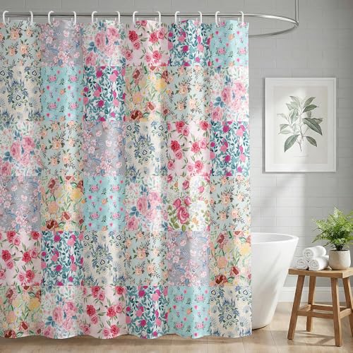 Patchwork Duschvorhang im Landhausstil Frühling mit Blumenmotiv, transparenter Polyesterbahn für Badezimmerdekoration, 180x180 cm groß
