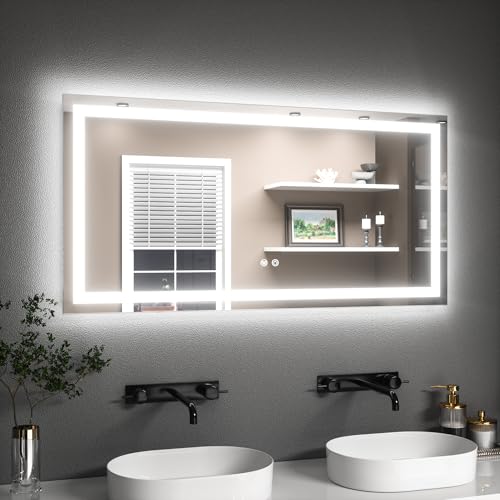 Badezimmerspiegel Beleuchtet 120x60cm mit LED Touch-Schalter, 3 Lichtfarben Dimmbar und Speicherfunktion - Badezimmer Wandspiegel Ohne Rahmen