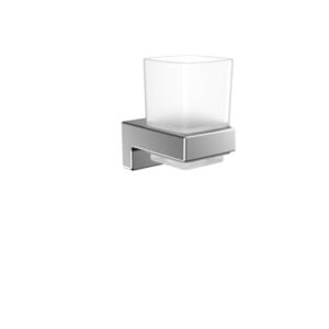 EMCO CUE Zahnputzbecher aus Glas zum Kleben, Zahnbürstenhalter ohne Schrauben, Zahnputzglas aus Metall und Kristallglas Chrom, ideal für das Badezimmer