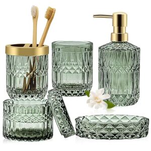 Grünes Glas Badezimmer Zubehör Set, 5-teiliges Set mit Lotionspender, Seifenschale, Zahnbürstenhalter, Becher und Wattestäbchen für modernes Bad