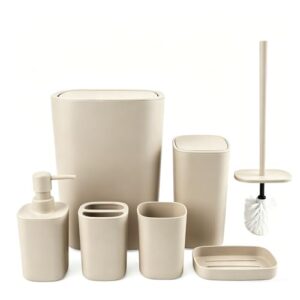 Badezimmer Set mit Seifenspender, Seifenschale, Zahnbürstenhalter, Becher, Mülleimer und WC-Bürste in modernem Design aus Kunststoff