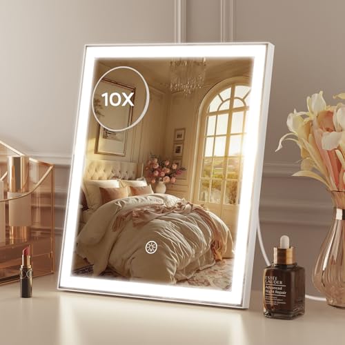 Schminkspiegel mit Beleuchtung, 10X Vergrößerung, 3-Farbig Schminktisch Spiegel mit Licht, moderner Kosmetikspiegel mit Touch-Steuerung, weiß