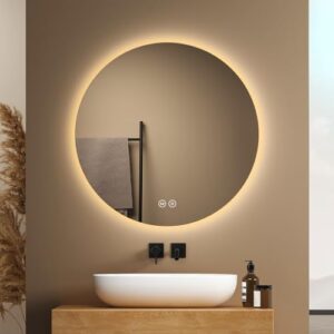 Runder Badspiegel mit Beleuchtung 60 cm, dimmbar, für das Badezimmer, minimalistisches Design, rahmenlose Optik, sanfte Hintergrundbeleuchtung, drei Lichtfarben, stufenlose Dimmung, intuitive Bedienung