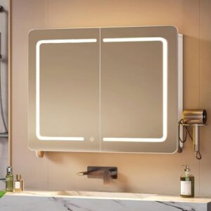 Hzuaneri Spiegelschrank mit LED-Beleuchtung und 3 Farbtemperaturen, ideal für das Badezimmer, hochwertiger Spiegel mit Beleuchtung, praktische Funktionen wie Lagerplatz hinter dem Spiegel.