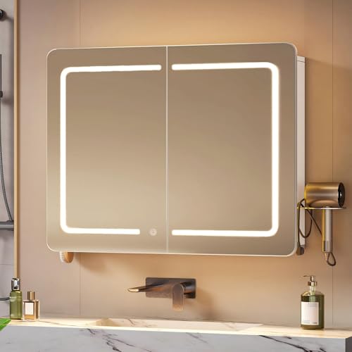 Hzuaneri Spiegelschrank mit LED-Beleuchtung und 3 Farbtemperaturen, ideal für das Badezimmer, hochwertiger Spiegel mit Beleuchtung, praktische Funktionen wie Lagerplatz hinter dem Spiegel.