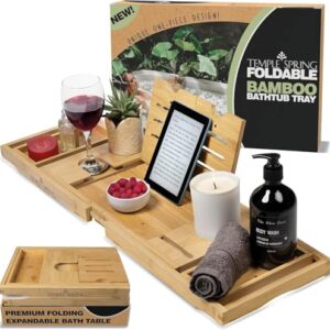 Klappbare Badewannenablage für Erwachsene, Holz Badregal mit Ausziehfunktion, Spa Brett für Erwachsene und Bambus Badezimmer Zubehör Set - Natur