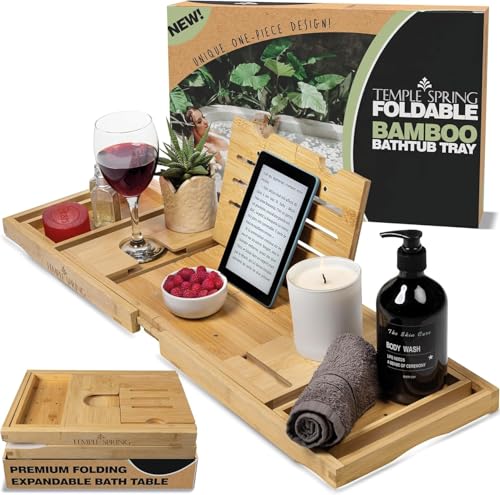 Klappbare Badewannenablage für Erwachsene, Holz Badregal mit Ausziehfunktion, Spa Brett für Erwachsene und Bambus Badezimmer Zubehör Set - Natur