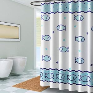 Badezimmer Vorhang für Badewanne und Dusche, Fisch Textile Vorhänge Polyester Wasserdicht und Anti-schimmel, Duschvorhänge Waschbar, mit 12 Duschvorhangringe Weiß Blau