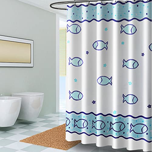 Badezimmer Vorhang für Badewanne und Dusche, Fisch Textile Vorhänge Polyester Wasserdicht und Anti-schimmel, Duschvorhänge Waschbar, mit 12 Duschvorhangringe Weiß Blau
