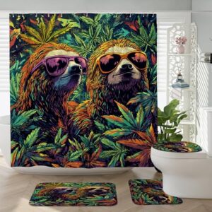 Lustiges Faultier Badezimmer Zubehör Set mit rutschfestem Teppich, U-Form und WC-Deckelbezug-Matte für tropisches Ambiente im Badezimmer, 183 x 183 cm