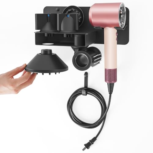 Komfortabeler und praktischer Foehnhalter fuer das Badezimmer und den Salon, mit Aufbewahrung für 5 Diffusor-Düsen