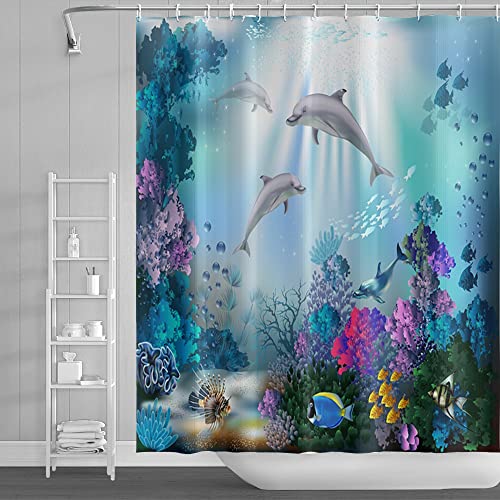 Tropischer Duschvorhang mit Ozean-Szene, Delfinen und Fischen, blauer Hintergrund und bunte Blumen, Wasserdicht und pflegeleicht.