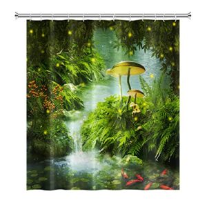 Duschvorhang mit Wald-Szene, grünen Pflanzen und Pilzen, ideal für Badezimmer und Badewanne