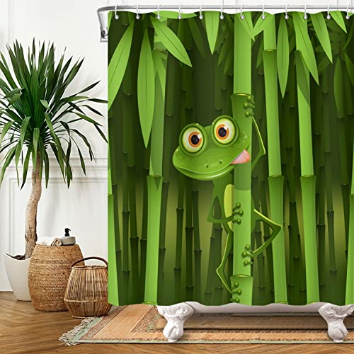 Süß Frosch Duschvorhang aus Polyester, wasserdicht und leicht zu pflegen, ideal für Kinderbadezimmer, grüner Badewannenvorhang mit Haken
