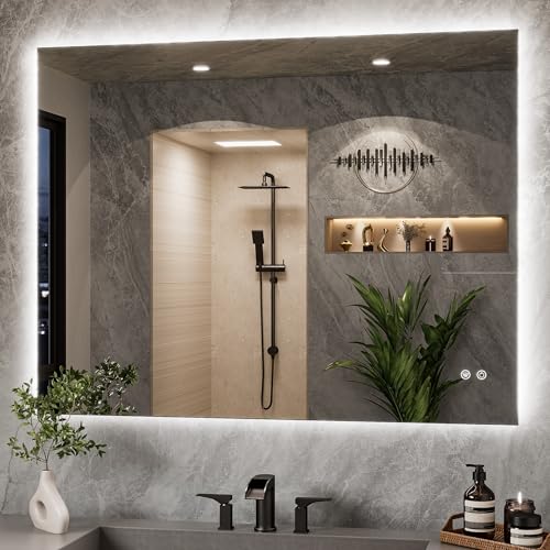 TETOTE Badspiegel mit Beleuchtung 120x90cm, Rechteckiger LED Badezimmerspiegel ohne Rahmen, Wandspiegel mit Touch-Schalter, 3 Lichtfarben dimmbar, Antibeschlag, Speicherfunktion, IP44