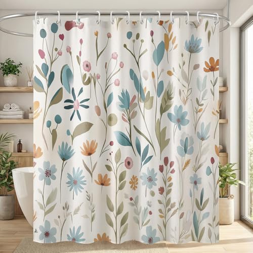 Wasserabweiser Duschvorhang mit handgemalten Wildblumen in pastellfarben, 180x180 cm, aus Polyester, inklusive 12 Haken für Badezimmer Dekoration