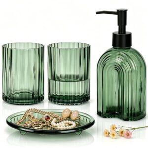 Badezimmer Zubehör Set mit 4 Stück Grünem Glas, Seifenspender, Zahnputzbecher und Badezimmer Accessoires